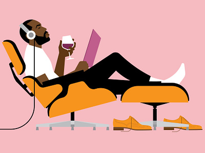 Relax album beard chair chill chris rooney drink eames headphones illustration man modern music ottoman record relax shoes side view wine wingtips
