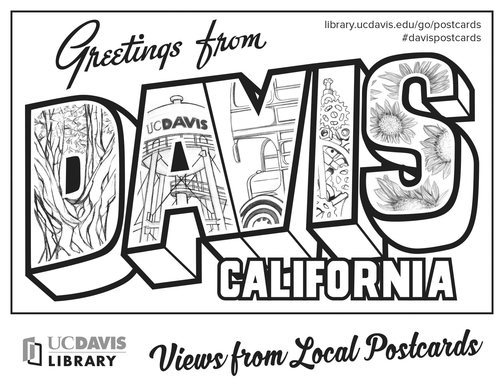 Greetings from Davis: Views from Local Postcards graphic design illustration
