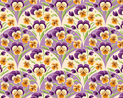 Viola Tricolor | seamless pattern beautiful flowers blooming blossom botanic colorful ditsy fabric pattern floral background foliage gift wrapping paper graphic design illustration pansy purple seamless pattern spring surface pattern vector illustration wallpaper wedding stationery