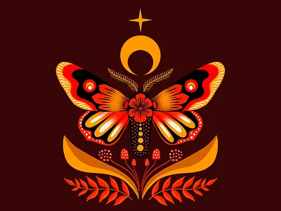 Whispers of the Wildwood - Illustration art design artistic concept artwork brown butterfly color contrast color match colorful floral elements flowers illustration insparation inspire moon nature nature inspired orange star wildhood wildlige