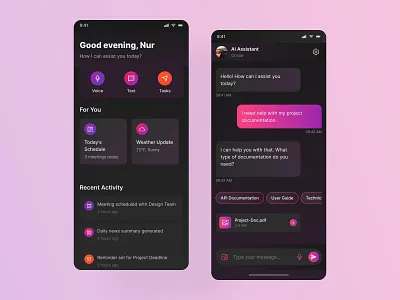AI-Powered Assistant App ai assistant ai chatbot ai meeting assistant ai note taker ai powered app app animation artificial intelligence bot chat chatbot chatgpt machine learning midjourney mobile app replica smart assistant uiux visual design voice ai voice recognition