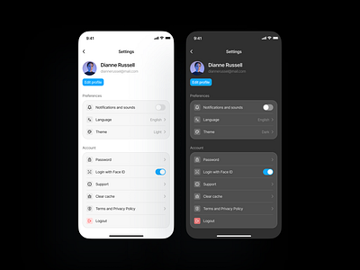 Settings Mobile App UI account settings app design clean creativedesign dark mode design dribbbleshot interactiondesign ios app minimal mobile app mobile app ui mobileappdesign modern ui profile settings setting settings settings ui ui ui components