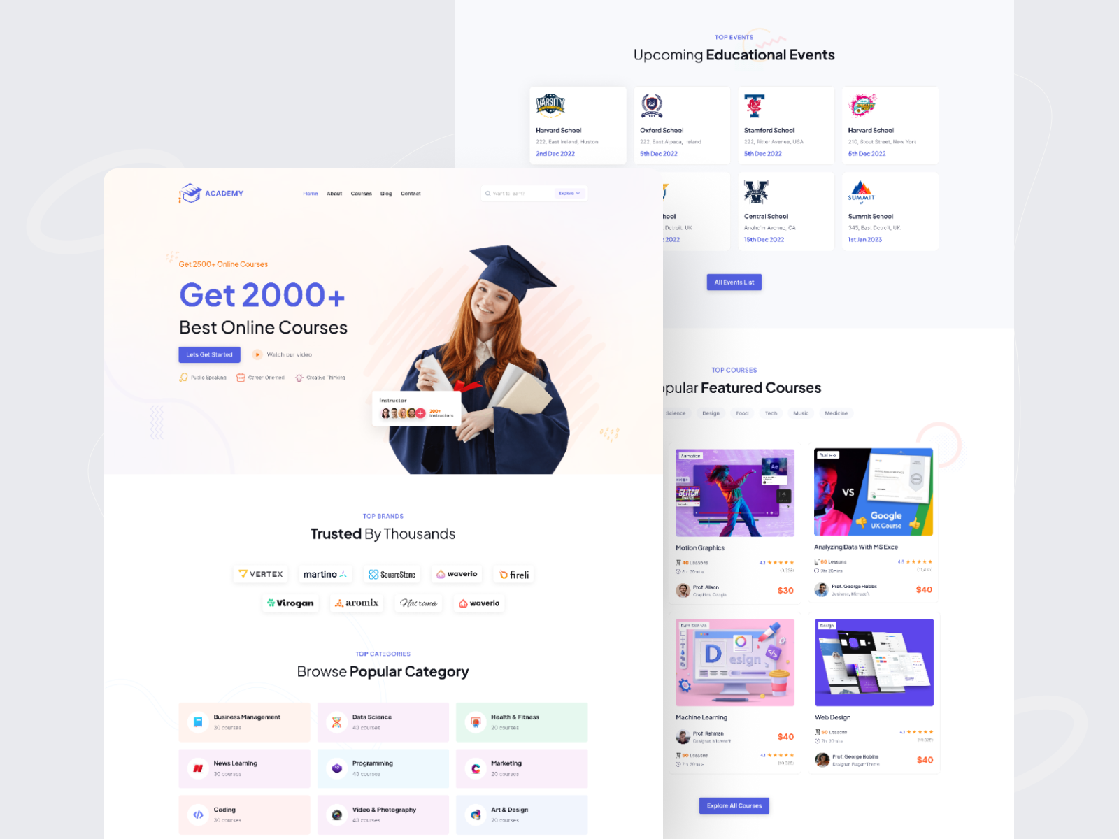 Academy LMS Education, Online Courses & E-Learning 3d animation branding clean course design e learning website education elearning graphic design ix landingpage lms motion graphics product design ui uiux uiuxdesign web design website