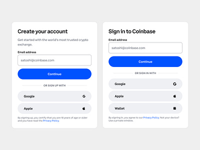 Coinbase Unified Sign up and Sign in coinbase crypto product design sign in sign up