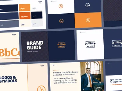 Law Office Brand Guide attorney blue brand brand design brand guide branding color palette law office lawyer logo navy orange patterns professional retro