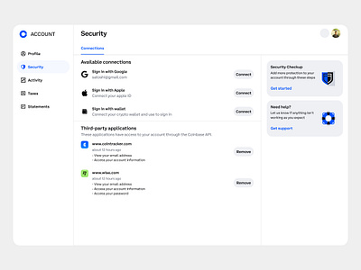Coinbase Connections settings coinbase connection settings connections crypto design finance product design security settings