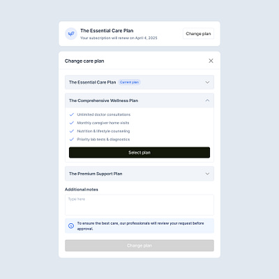 Change care plan appointment billing card care caregiver doctor health vitals healthcare hierarchy hospital manage modal plan premium product design saas tech ui ux webapp