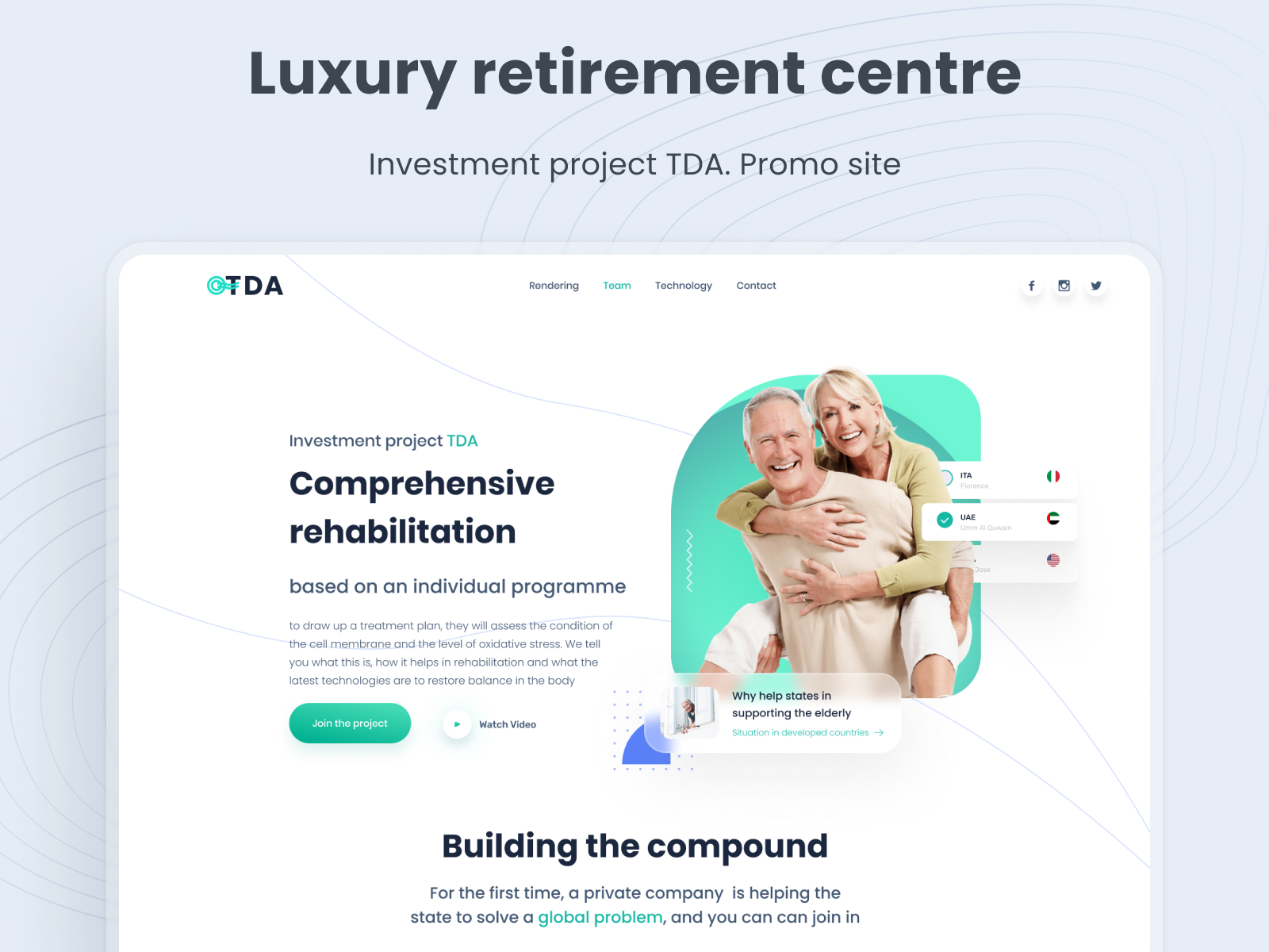 Luxury retirement centre care of the elderly green home for the elderly investment projec landing page luxury retirement centre medical care old older generation promo site web site