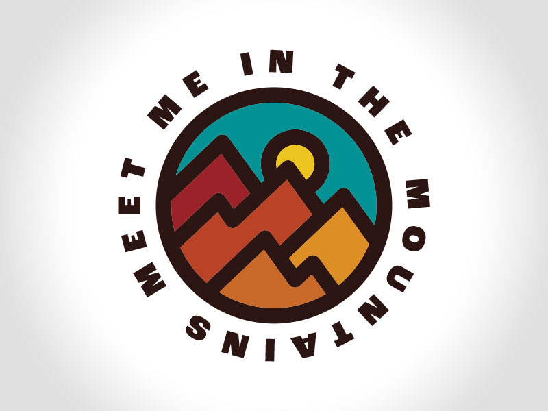 Meet Me In The Mountains badge badge branding circular logo graphic design identity logo logo design mountains outdoor brand sticker sticker design sunset vector