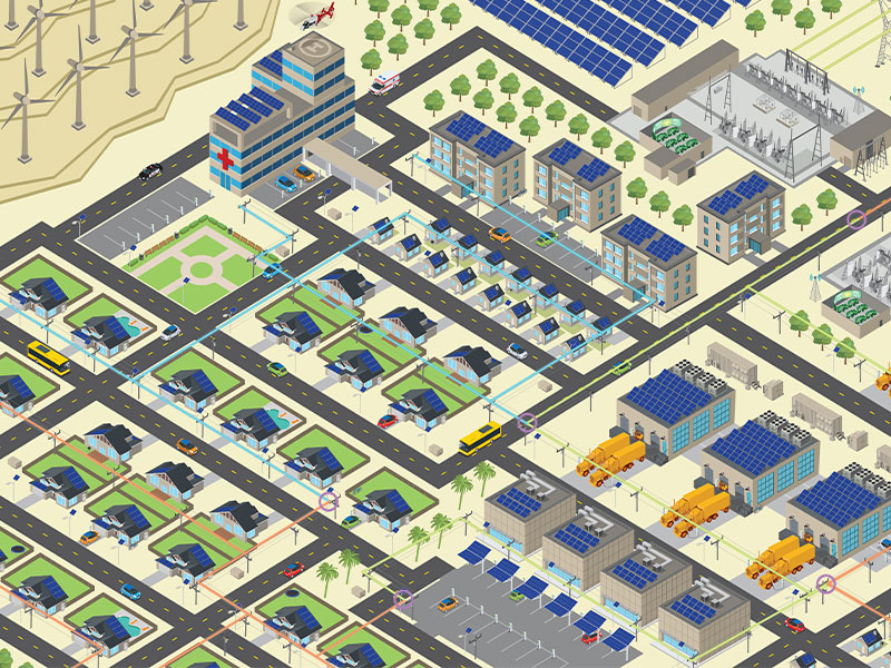 SoCal Edison grid mod campaign commercial electrical grid electricity ev hospital illustration isometric isometry residential socal solar power utility vector warehouse