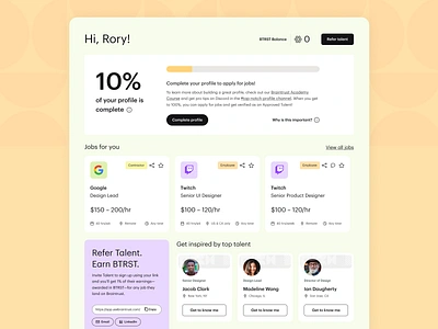 Talent Dashboard 👀 contrators dashboard freelance freelancer home homepage job details job search job seeker jobs jobs platform landing page my dashboard product design profile completion profile nudge talent ui ux web3