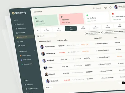 Onboardly - Attendance Management Dashboard app attendance attendance management dashboard data visualization design employee employee management hr management hr management dashboard hrm system ios app onboardly product design riyad saas product design time sheet ui design uiux web app web design