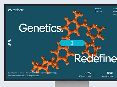 avalontx: AI CRISPR Gene Editing - Molecule Hero Layout UIUX 3d molecule biology biotech biotech web design biotech website biotechnology chemistry website clean crispr crispr website dna drug discovery drug discovery website gene editing minimal modern orange pharmaceutical precision medicine therapeutics website