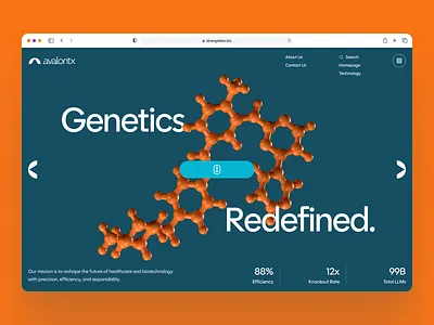 avalontx: AI CRISPR Gene Editing - Redefining Genetics Hero UI 3d molecule 3d molecule structure biotech biotech web design biotech website biotechnology clean crispr crispr website dna drug discovery drug discovery website gene editing minimal modern orange pharmaceutical precision medicine synthetic biology therapeutics website