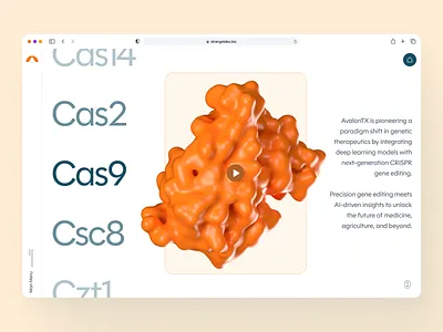 avalontx: AI CRISPR Genetic Engineering - Protein Selection UI 3d protein structure biotech biotech web design biotech website biotechnology clean crispr crispr website dna drug discovery drug discovery website gene editing genetic engineering minimal modern orange pharmaceutical precision medicine synthetic biology therapeutics website