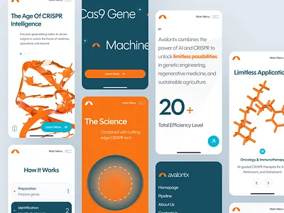 avalontx: AI CRISPR Gene Editing - Biotech Mobile Overview UI biotech biotech mobile biotech web design biotech website biotechnology clean crispr crispr website dna drug discovery drug discovery website gene editing minimal modern orange pharmaceutical precision medicine synthetic biology therapeutics therapeutics website