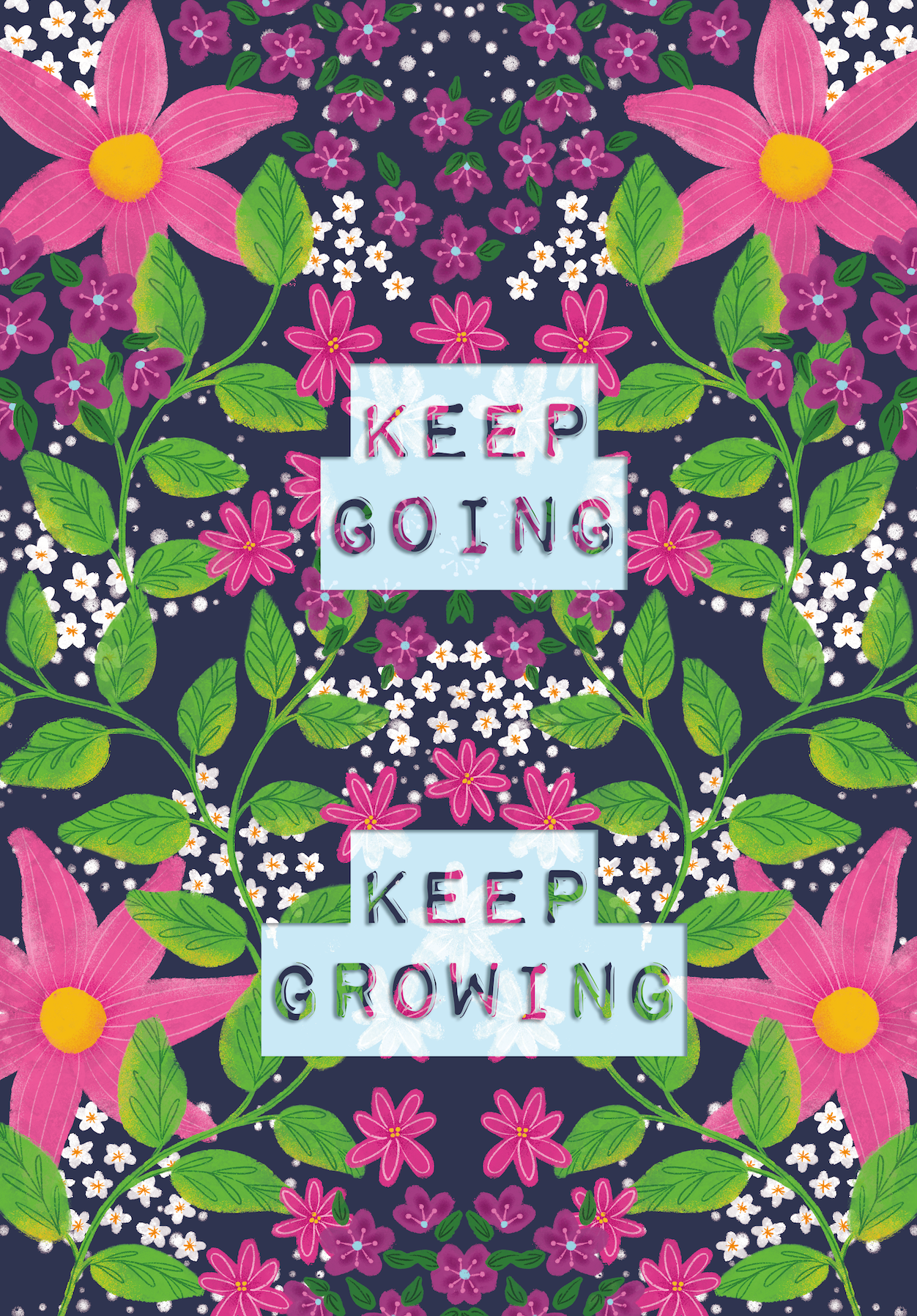 Keep Going, Keep Growing design digital art flowers greeting card illustration inspiring motivational quote nature quote surface pattern design