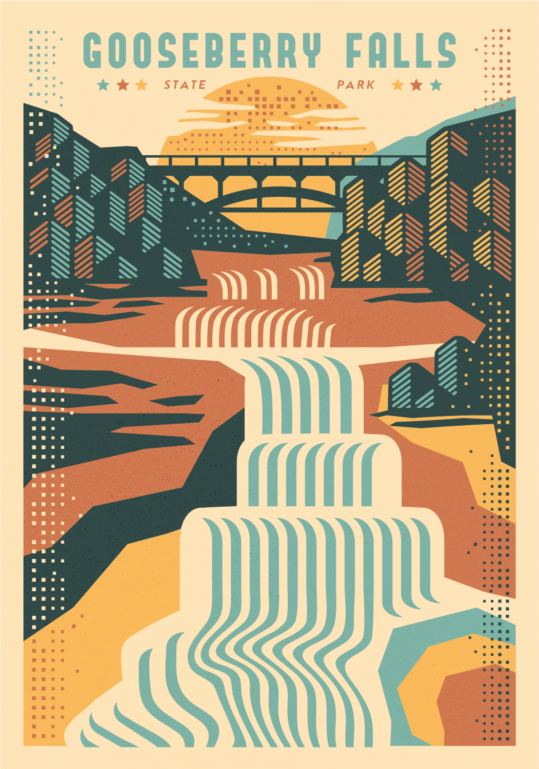 Gooseberry Falls State Park [illustration] brassai bridge falls forest geometric graphic design illustration nature park puzzle river rocks texture trees