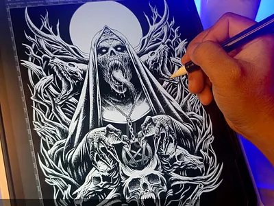 THE DARK NUN (ink) animal dark dark art dark nun demon devotee full moon gothic gothic art halloween horror illustration metal art monster nft nft artist nun skull spooky wolf