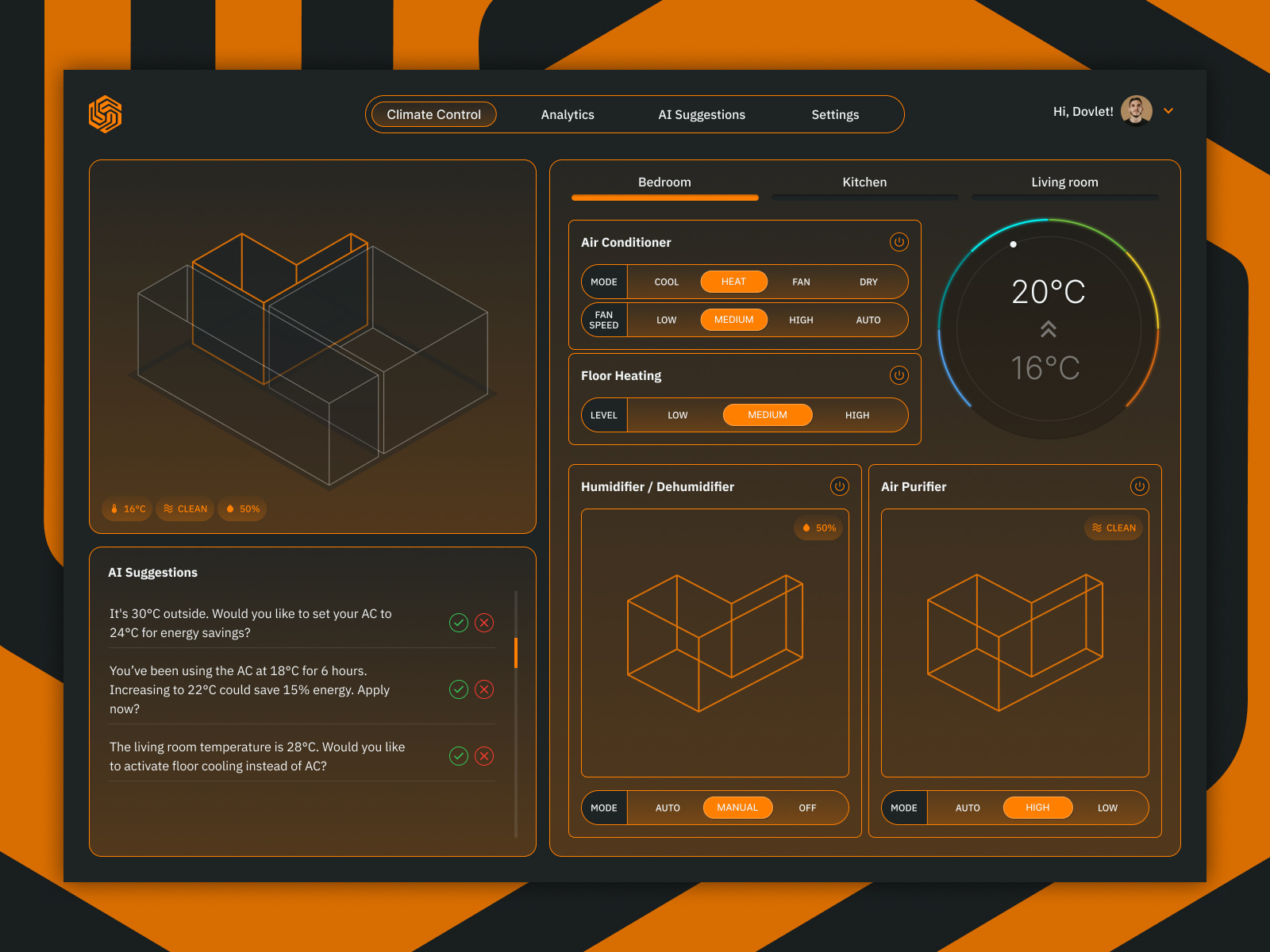 Smart Home Dashboard branding dashboard futuristic isometric orange smart home ui