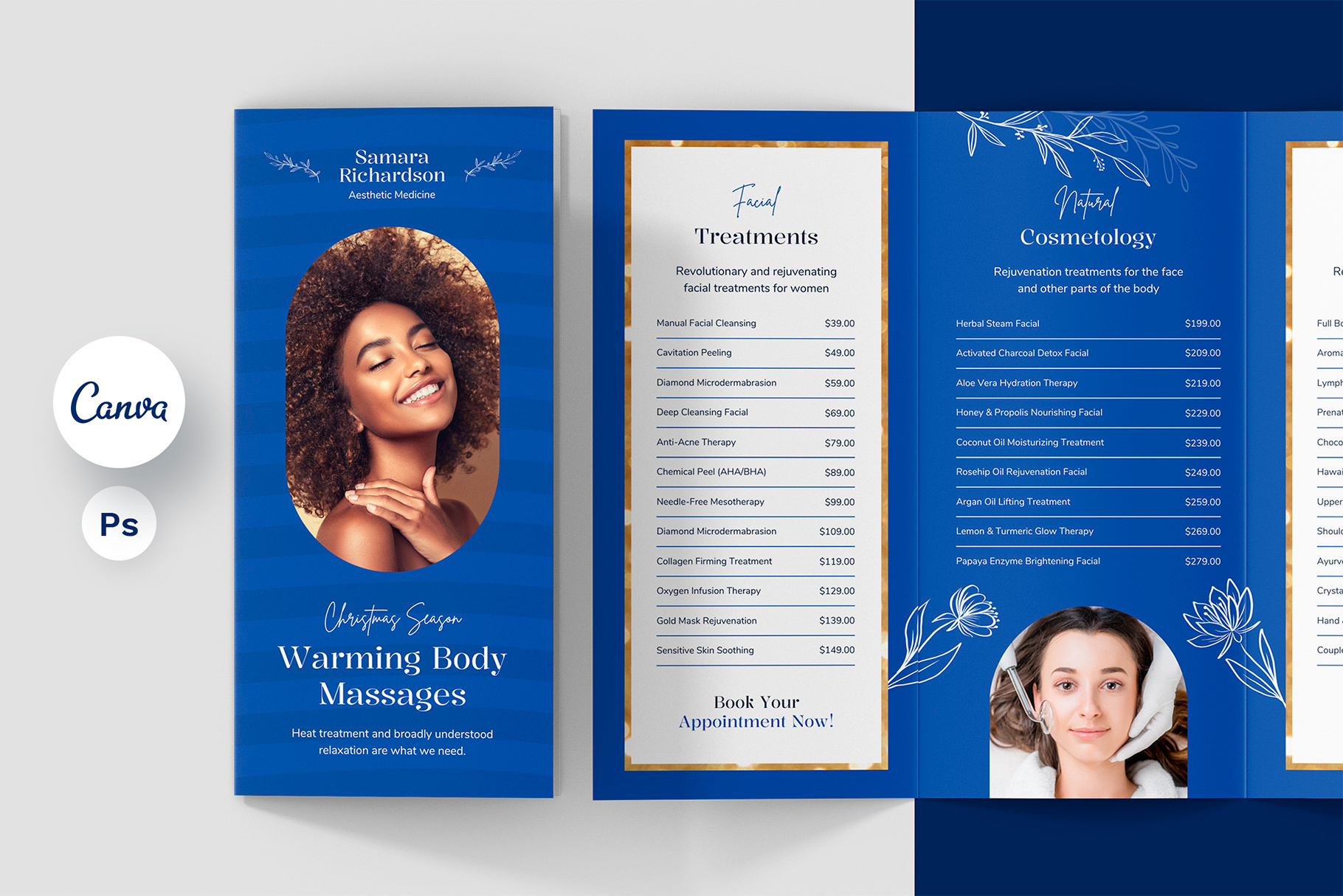 Aesthetic Beauty Salon Brochure TriFold Canva Photoshop Template aesthetic medicine beauty business blue brochure botox day brochure canva brochure photoshop brochure template brochure trifold canva designer christmas brochure gold brochure holiday brochure medicine brochure nail studio brochure price brochure price table pricing template spa salon brochure spa salon pricing