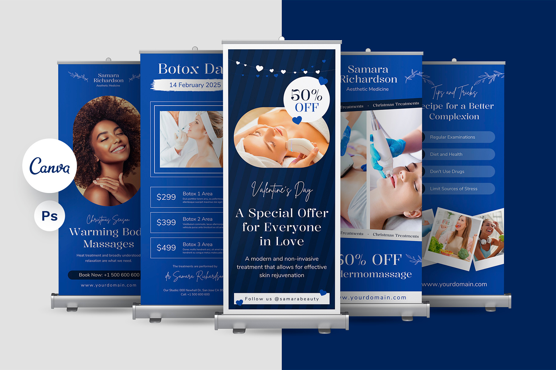 Aesthetic Beauty Salon Roll Up Banner Template banner design beauty business beauty service blue banner blue design botox day canva template discount banner massage rollup massage service photoshop template print design roll up banner rollup blue rollup design rollup print template rollup template spa salon stand design