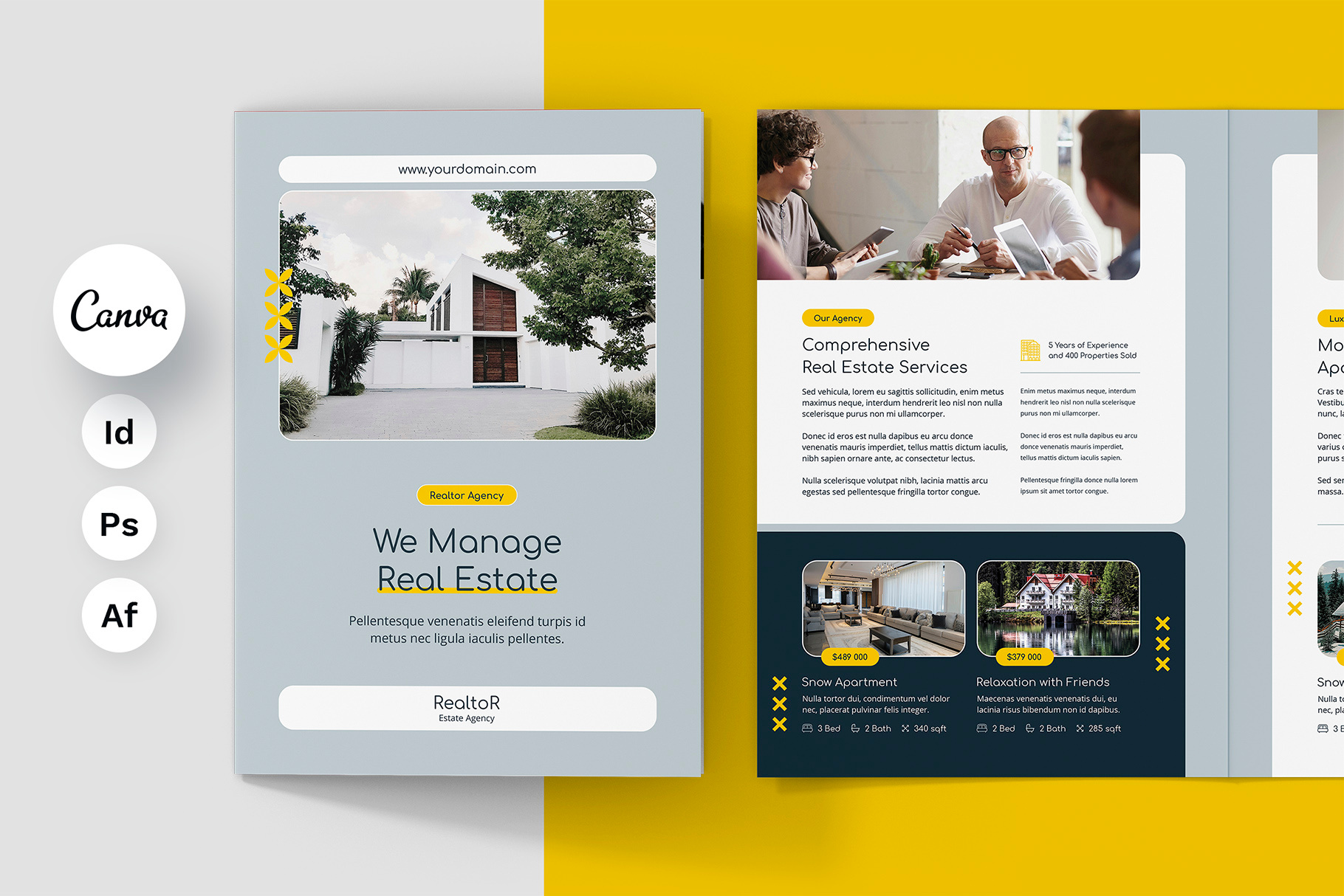 Realtor Estate Agency Brochure Bi-Fold Canva Template brochure bifold brochure marketing brochure offer brochure template canva template digital product estate agency brochure gray brochure design house open day indesign brochure indesign template modern brochure photoshop template real estate real estate agency real estate brochure realtor brochure realtor marketing realtor service