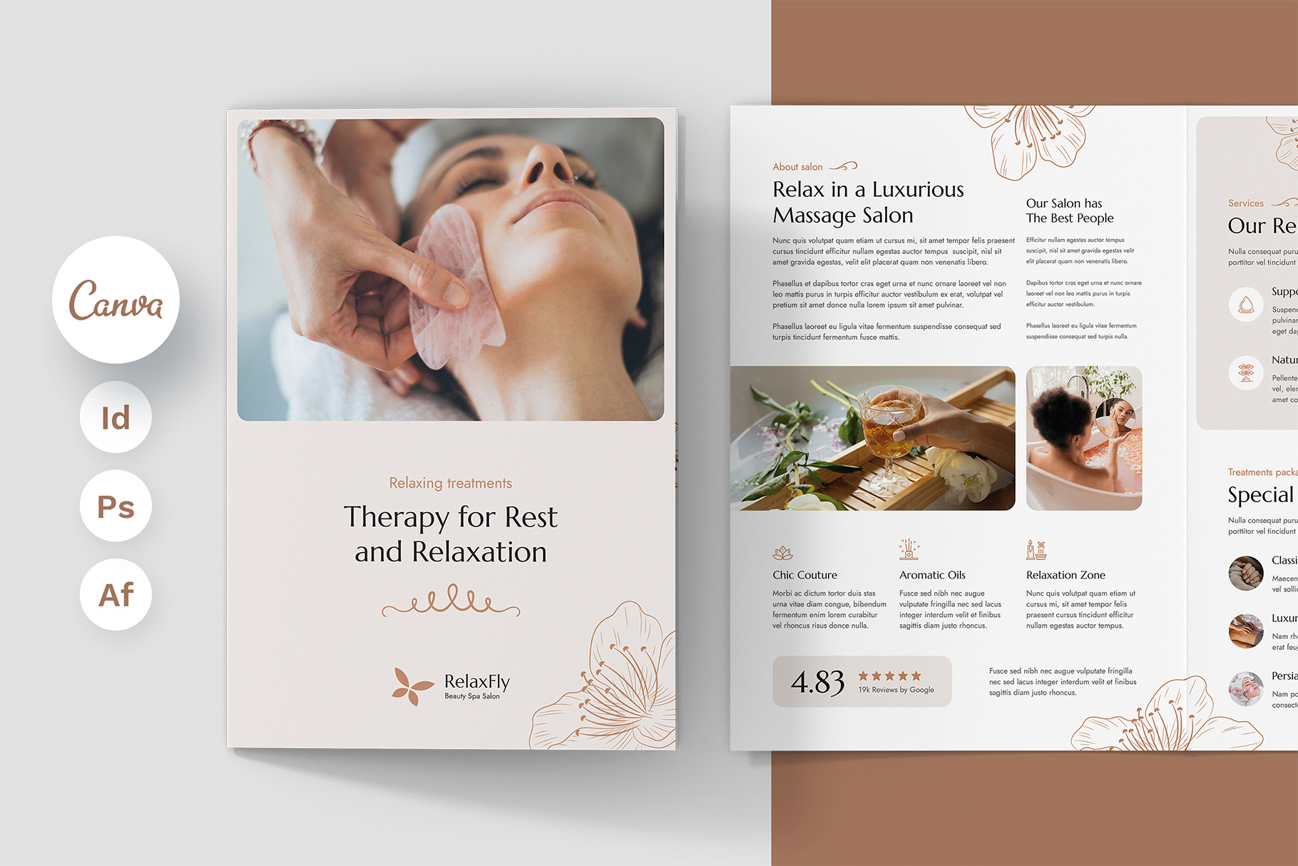 Spa Salon Brochure Bi-Fold Canva Photoshop InDesign Template beautician marketing beauty business beige design brochure bifold brochure design brochure template canva template esthetician marketing flower background flower element indesign template massage brochure photoshop template price table brochure price table template pricing template print design print template relax brochure spa salon