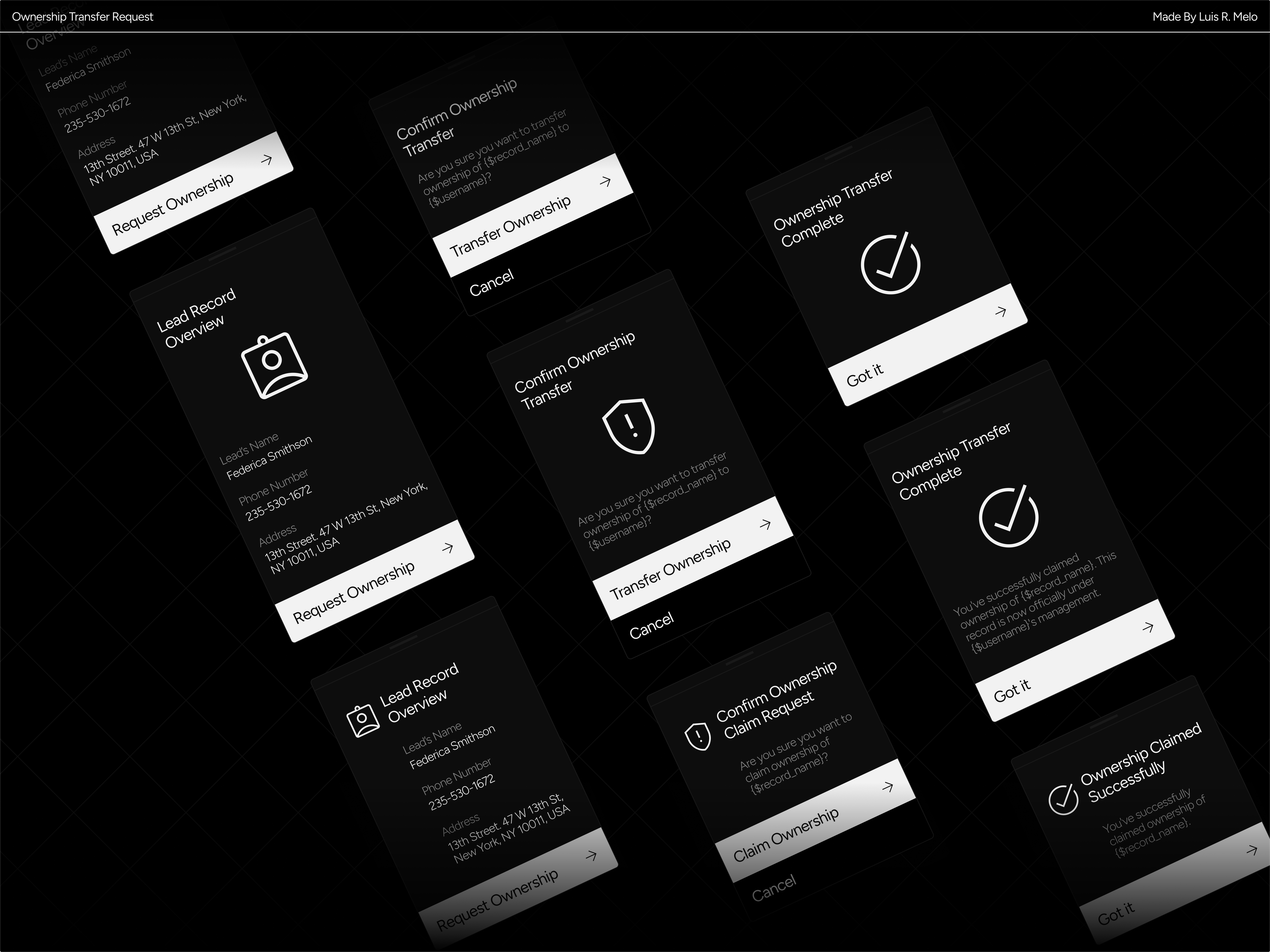 Ownership Transfer Request (a , b, c) bottomsheet clean component concept crm dark mode design dialog flat flow idea minimal modal prompt sketch steps ui userflow widget