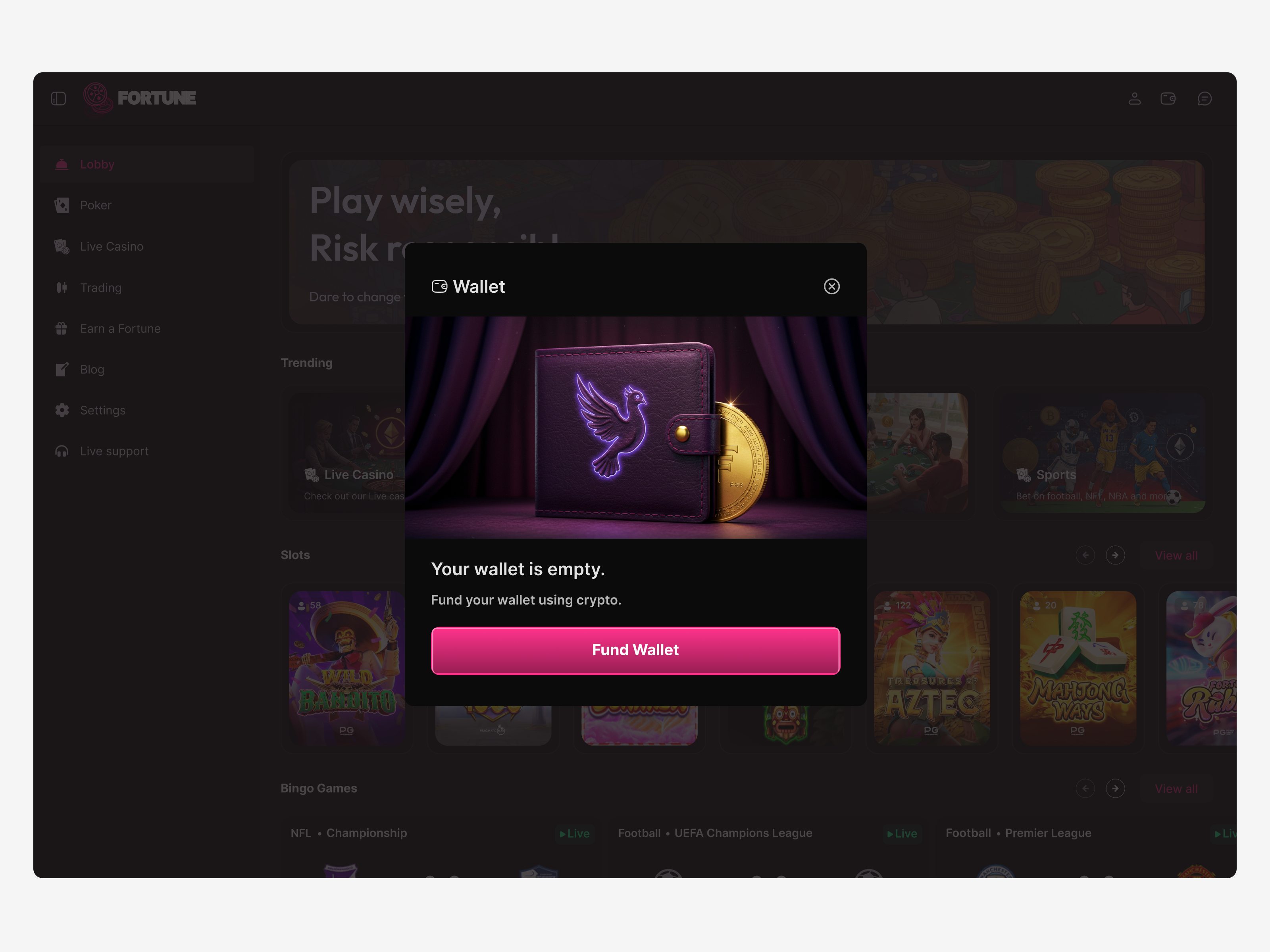 Fortune Games: Fund Wallet Modal branding crypto defi design figma gamble illustration ui ux web design web3