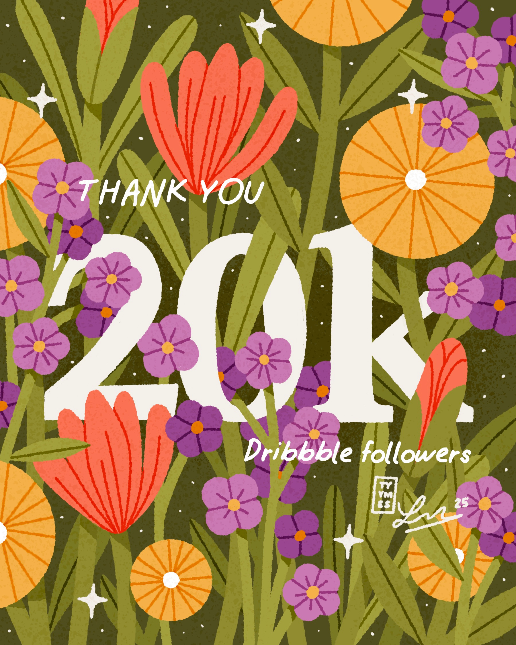 20k 20k beautiful celebration community daisy digital dribbble flowers followers garden illustration minimal procreate simple thankful tulip