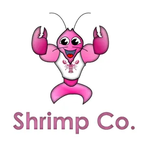 Shrimp Co cartoon fireworks game logo pink shrimp vector wow