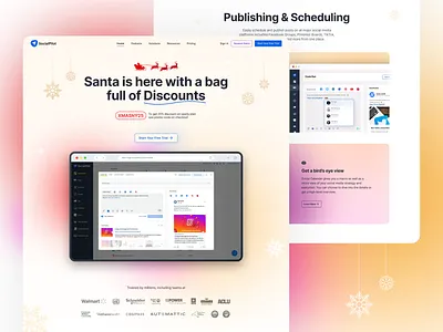 Redesign Home Page Xmas🎄 Theme analytics calendar christmas creative design data discount inbox landing page posts publishing redesign saas santa schedule social media tool ui ui design website xmas