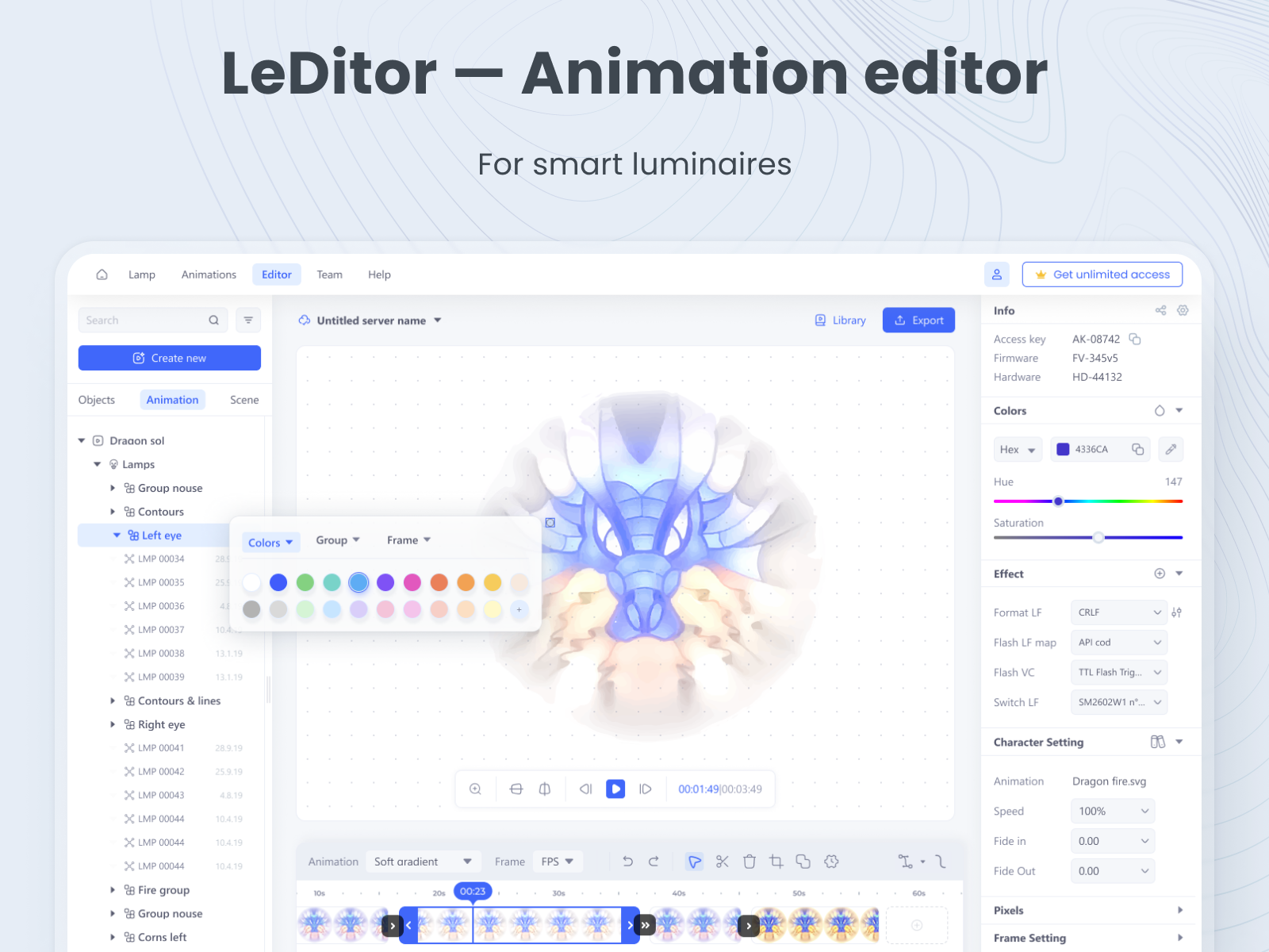 LeDitor — animation editor for smart lights architecture of the system collaboratively edit create animations edit edit animation editor led light luminaires lump product design settings smart luminaires team