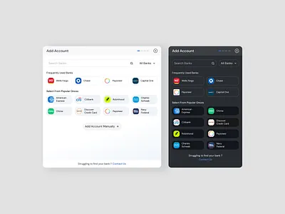 Add Account UI - Redesigned Experience add account ui app ui bank app banking ui dark mode ui dashboard ui finance dashboard fintech app fintech ui night mode ui onboarding saas ui design ux design