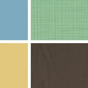 Mood One blue brown cross hatch green mood board woodgrain yellow