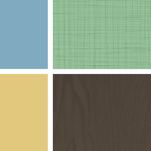 Mood One blue brown cross hatch green mood board woodgrain yellow