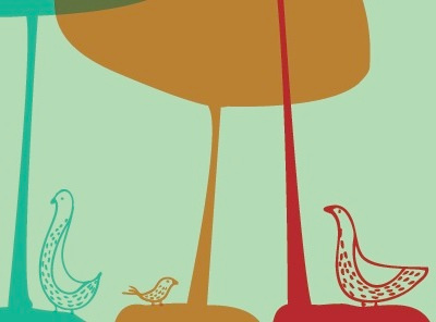 Some birds abstract adobde illustrator birds green oranage red screenprint silkscreen strawberryluna tone on tone trees