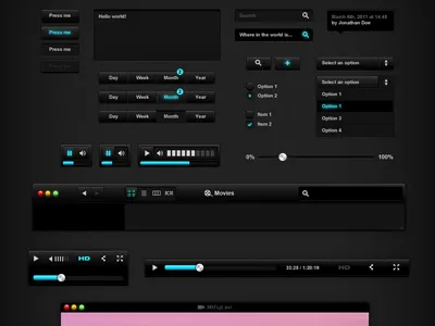 BlackUI v1 — Free PSD Source black button checkbox free music navigation player radio button resources select tooltip ui video