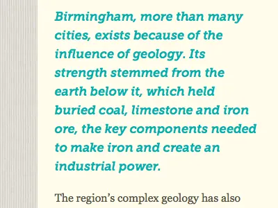 Trek Birmingham: pull-quote in museo slab italic museo sans museo slab teal texture
