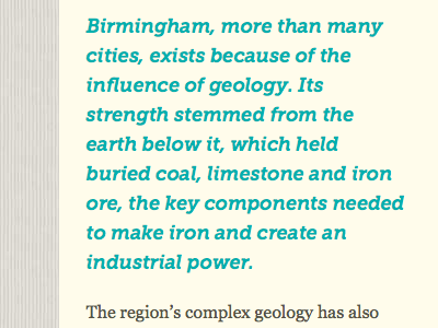 Trek Birmingham: pull-quote in museo slab italic museo sans museo slab teal texture