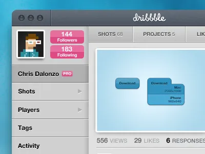 Dribbble for Mac UI activity app black blue chris dribbble gray likes mac pink players projects responses shots tags ui views white