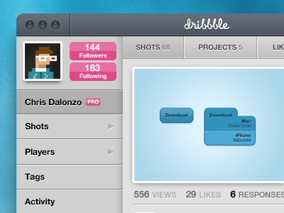 Dribbble for Mac UI activity app black blue chris dribbble gray likes mac pink players projects responses shots tags ui views white