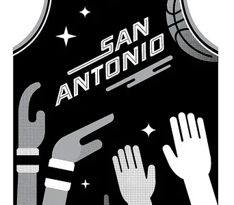 San Antonio basketball blue crowd game green illustration jersey jump shot player playoff poster print san antonio sports spurs texas vector