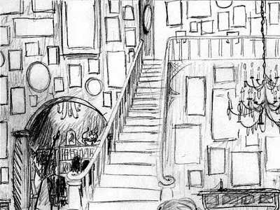 TOSN pp. 64-65 candelabra frames pencils staircase suit of armor taxidermy