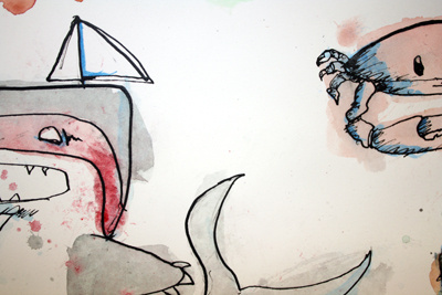 ImaSharkBoat and a crab background characters grafighters illustration water color