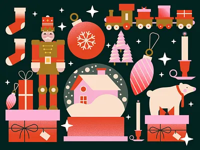 Seasons Greetings bear candle christmas flat illustration nutcracker pink presents red snowglobe texture vector