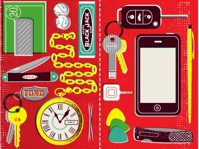 Full Pockkkets gum illustration keys knife manhood pen square watch