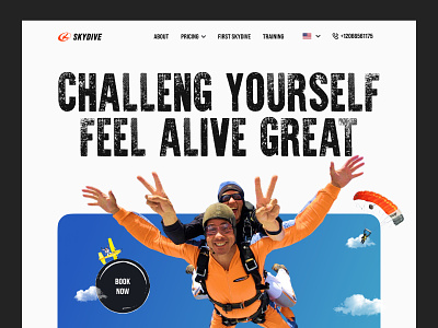 Skydive Web Site Design: Landing Page / Home Page UI aeroplane aerospace booking dubai ecommerce fly honeymoon parachuting sky skydive skydiving sports summer travel travel agency travellers ui vacation web design website