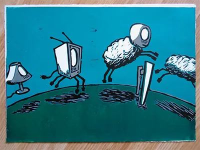 Not Enough Sheep blue dream fine art green lamp linocut night print printmaking reductive tv zombie